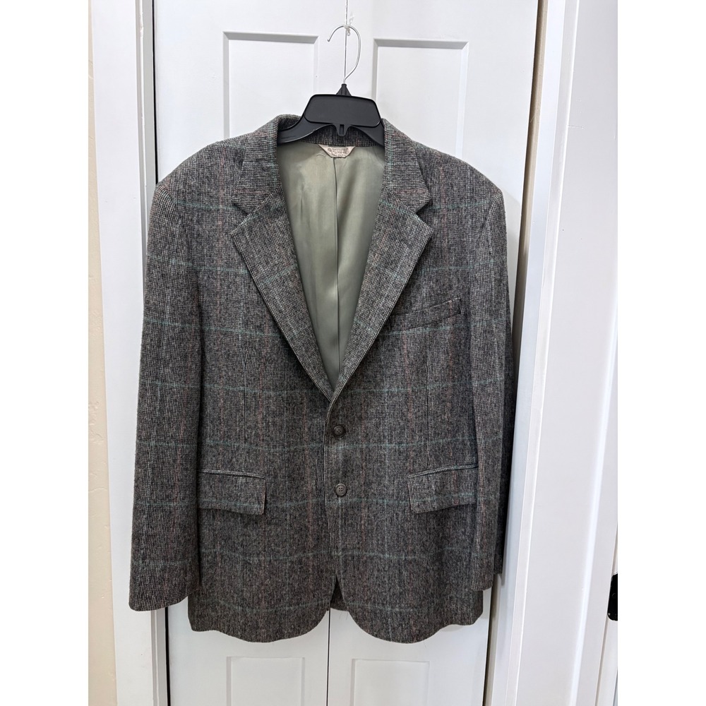 The Remsen Shop Mens Grey Windowpane Plaid Wool Blazer Sport Coat Made in USA